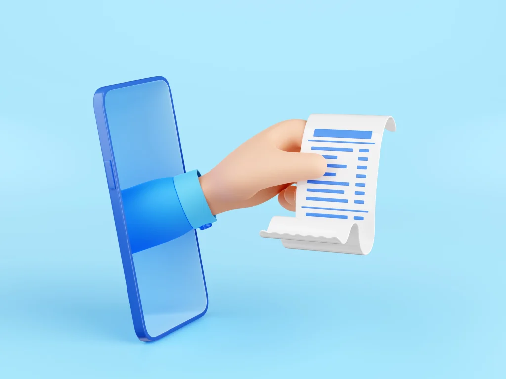 3d render mano sujetando factura de recibo de transaccion