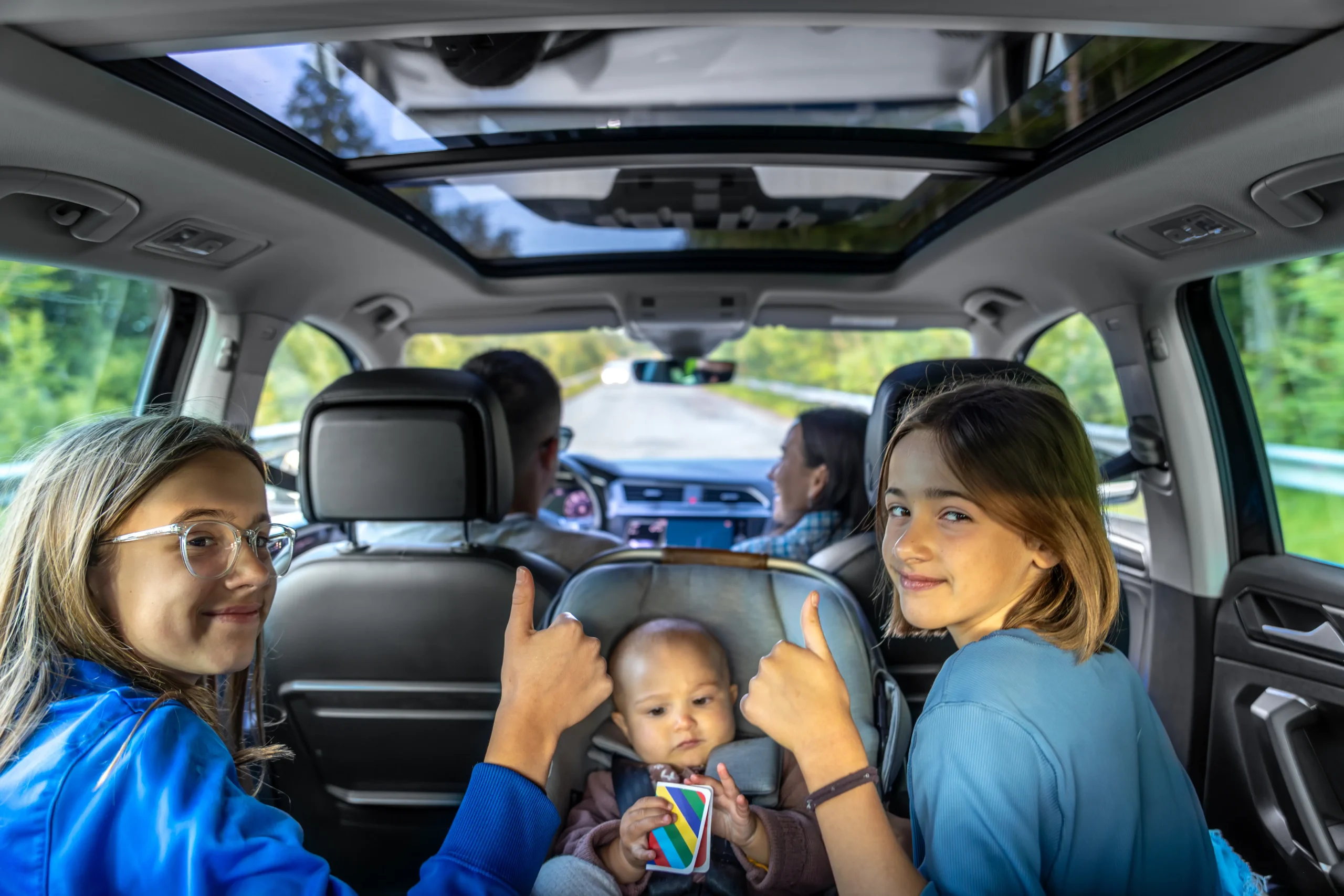 thumbs up road kids cheering baby car seat
