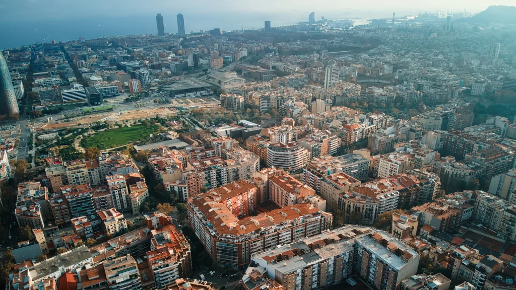 aerial drone view barcelona spain