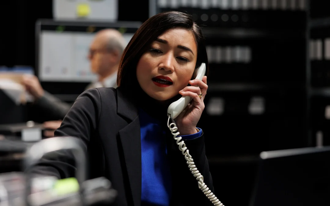 business accountancy consultant making phone call professional administrative workplace employee business company file cabinet depository filled with flowcharts folders