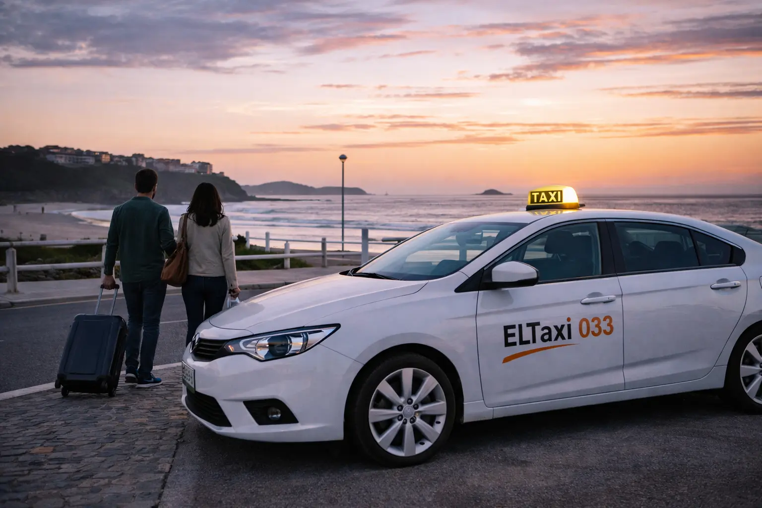 Amanecer junto al taxi en la costa