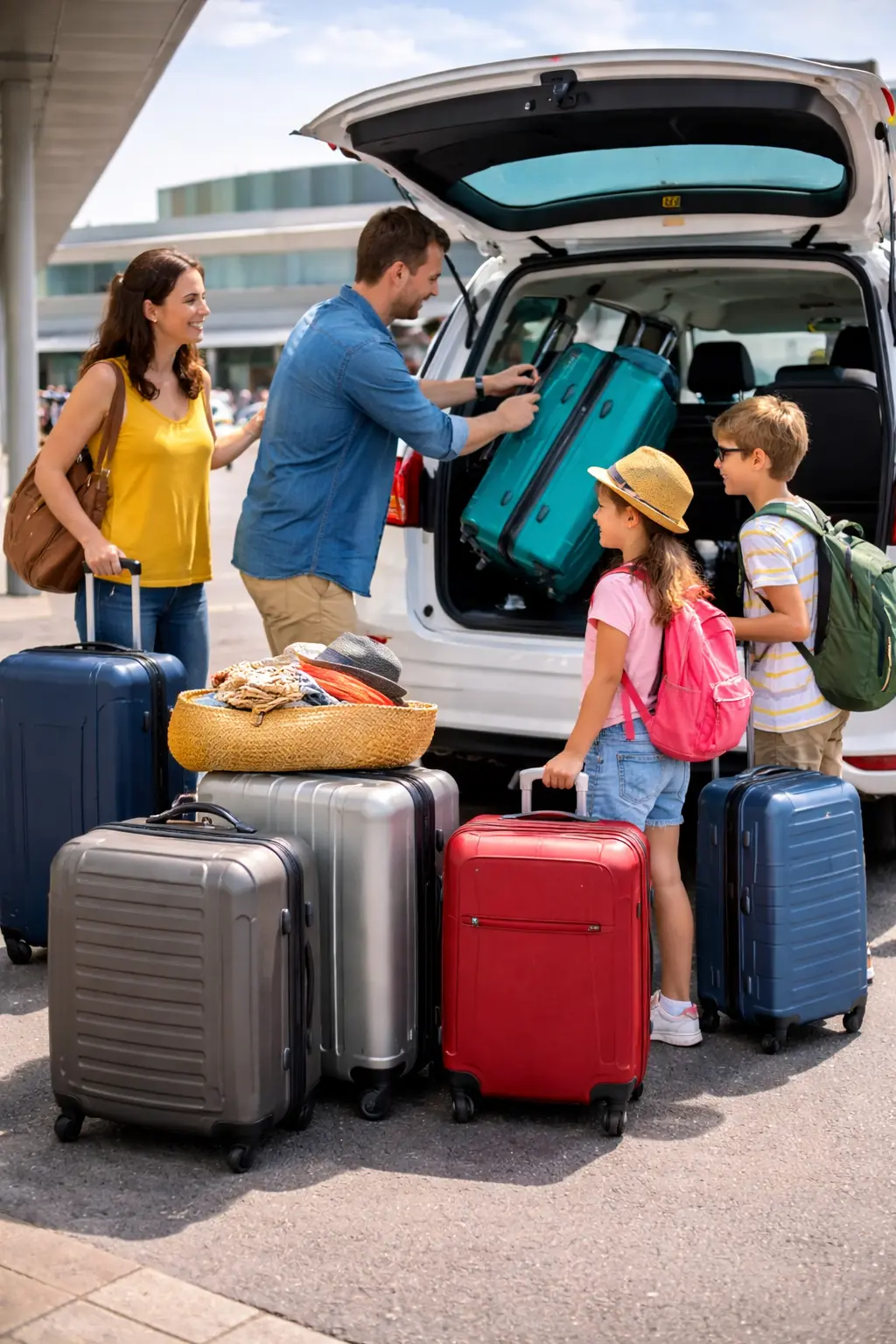 Familia cargando maletas en el taxi