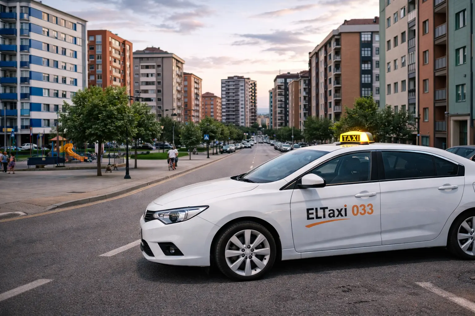 Taxi aparcado en calle residencial