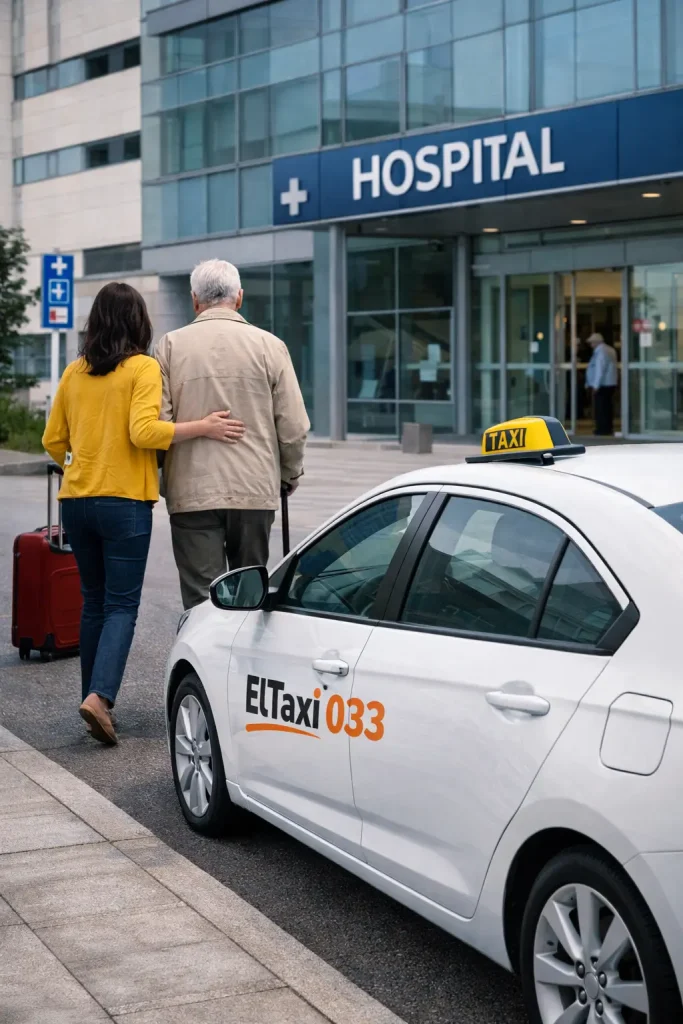 Taxi frente al hospital en día soleado