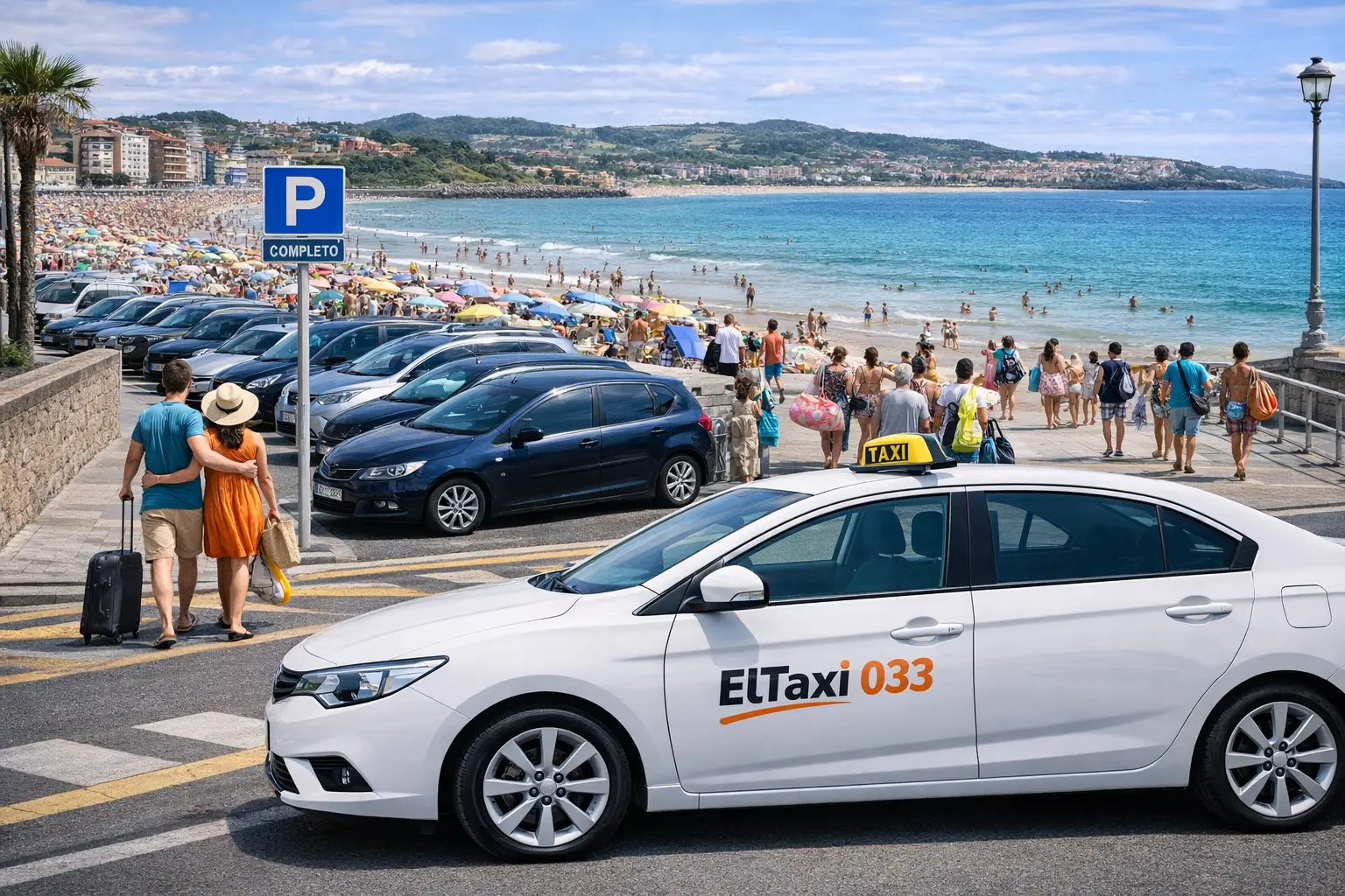 Taxi junto a la playa llena