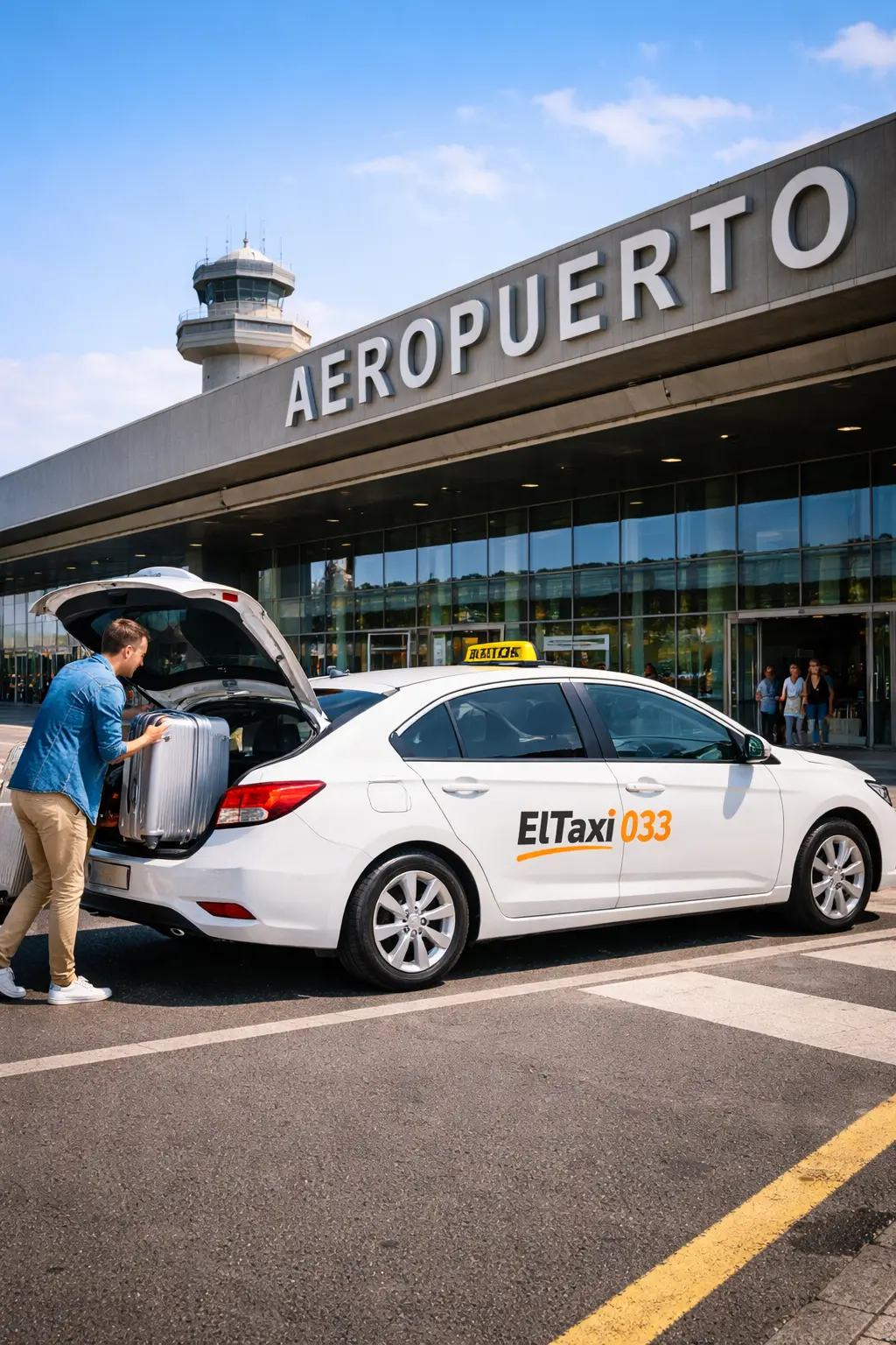 Taxi y pareja en el aeropuerto