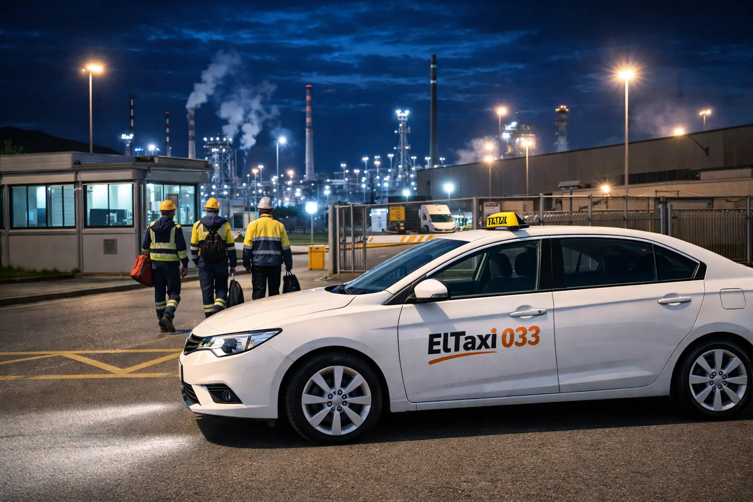 Taxi y trabajadores al anochecer